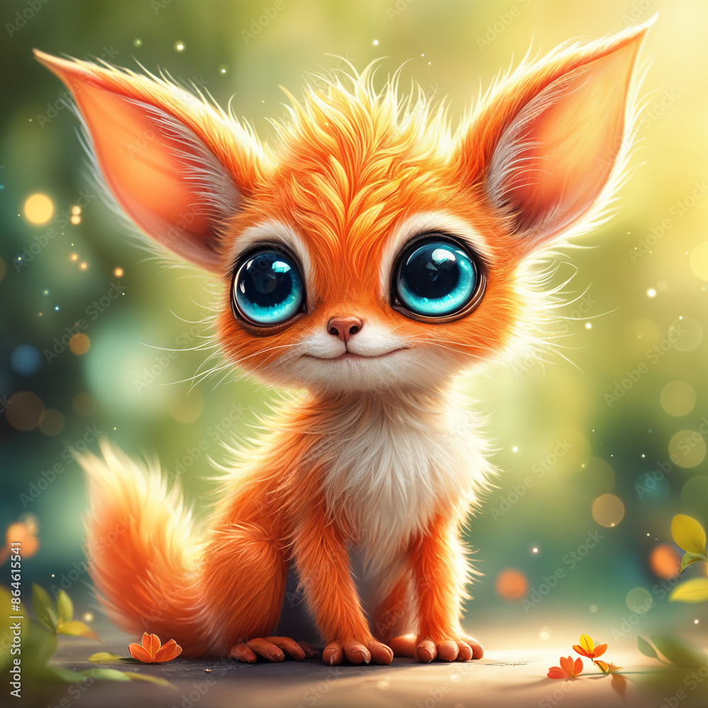 Cute, orange fox with large blue eyes and a fluffy tail, sitting on the ground surrounded by flowers.