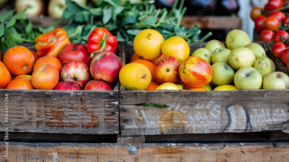 Assorted fresh fruits and vegetables in rustic wooden crates Assorted fresh fruits and vegetables in rustic wooden crates