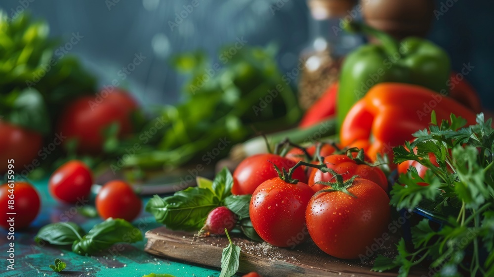 Fresh tomatoes and vegetables on a wooden board Fresh tomatoes and vegetables on a wooden board
