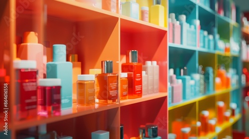 Colorful shelves of beauty products in a modern store photo
