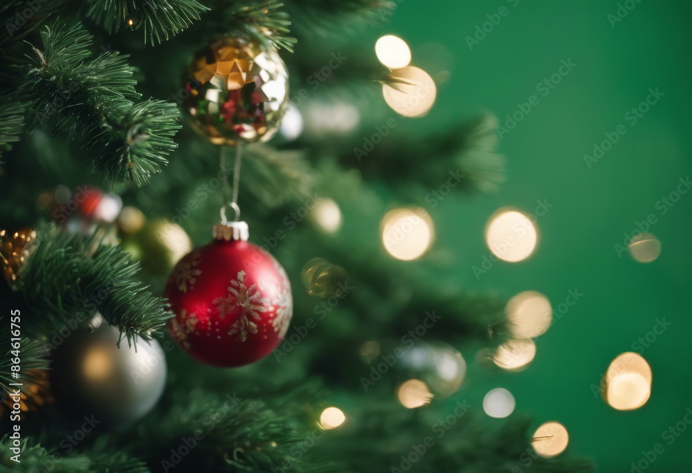 Naklejka premium Christmas Tree Decorated With Ornaments on Green Background