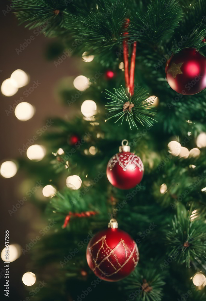 Fototapeta premium Christmas Tree Decorated With Ornaments on Green Background