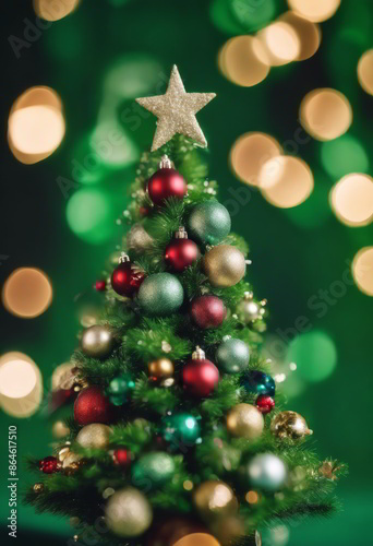 Christmas Tree Decorated With Ornaments on Green Background