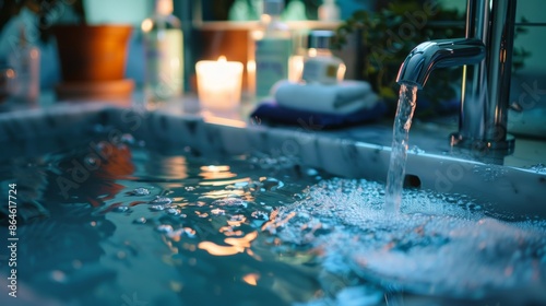 Luxurious bathroom sink with water flowing and candles photo