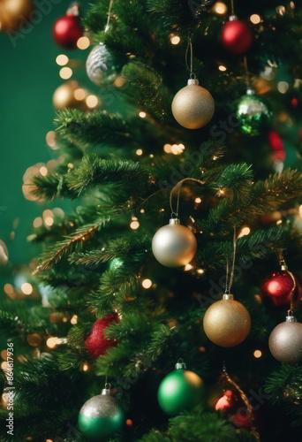Christmas Tree Decorated With Ornaments on Green Background