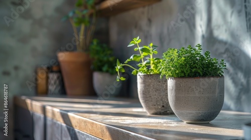Potted herbs on a kitchen counter with sunlight photo