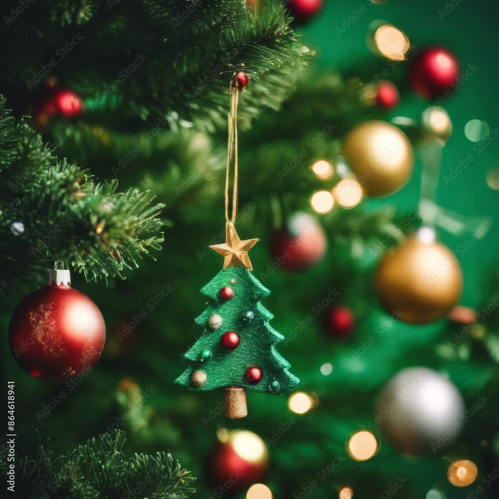 Naklejka premium Christmas Tree Decorated With Ornaments on Green Background