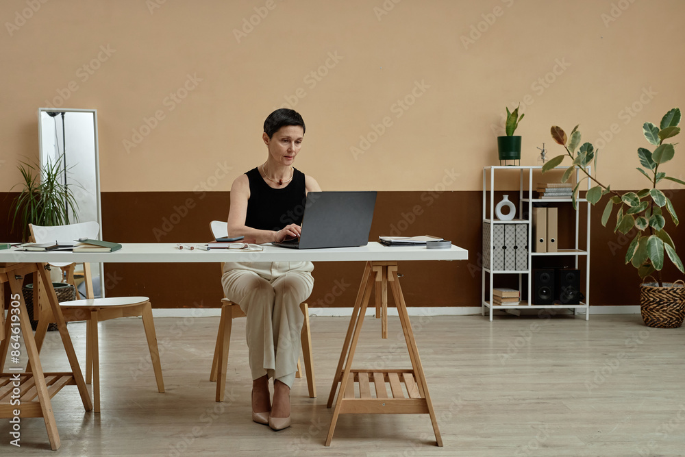Fototapeta premium Minimal wide angle portrait of successful mature woman using laptop at home office workplace in neutral colors copy space