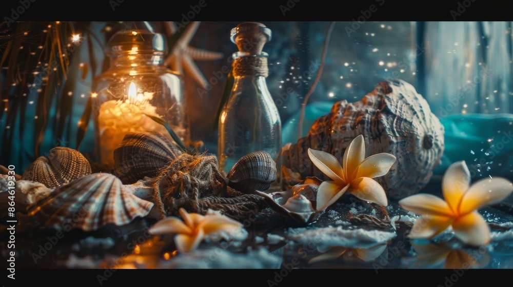 Romantic candlelit scene with seashells and flowers Romantic candlelit scene with seashells and flowers