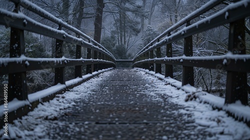 Wooden bridge covered with snow in the middle of a snowy forest. photo