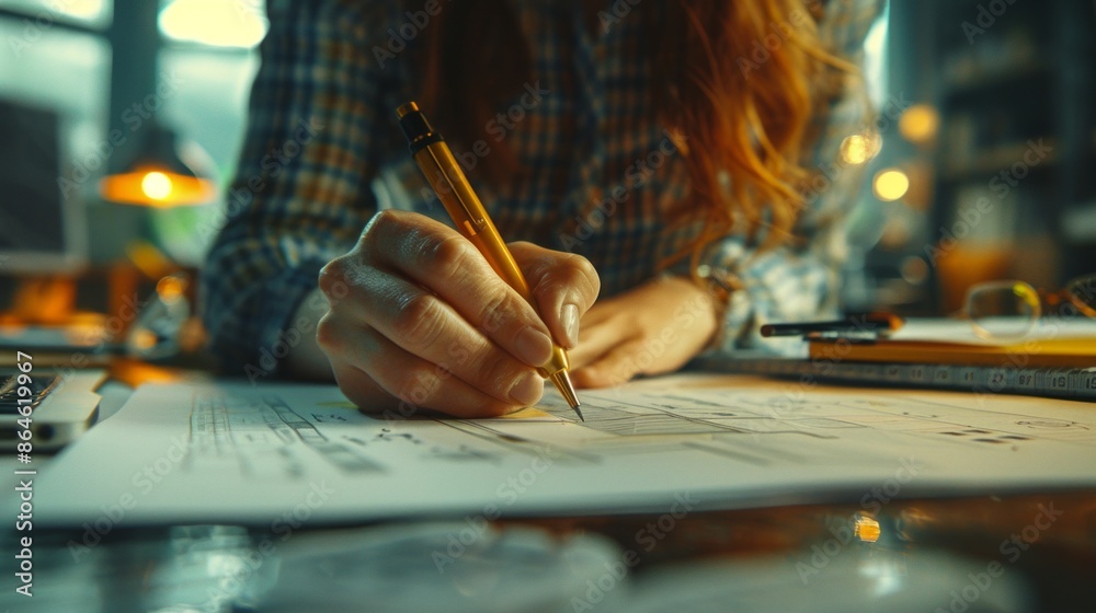 Obraz premium Architect Drafting Detailed Plans in a Modern Well-lit Studio with Warm Lighting