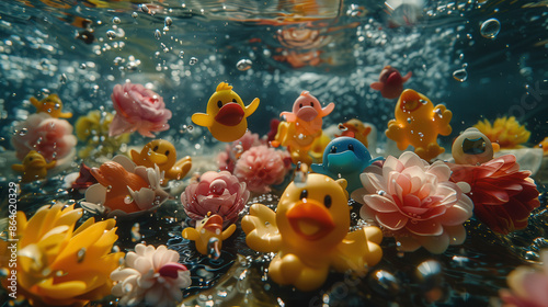 Colorful rubber ducks and vibrant flowers float together underwater, creating a whimsical and playful aquatic scene filled with bubbles and charm.