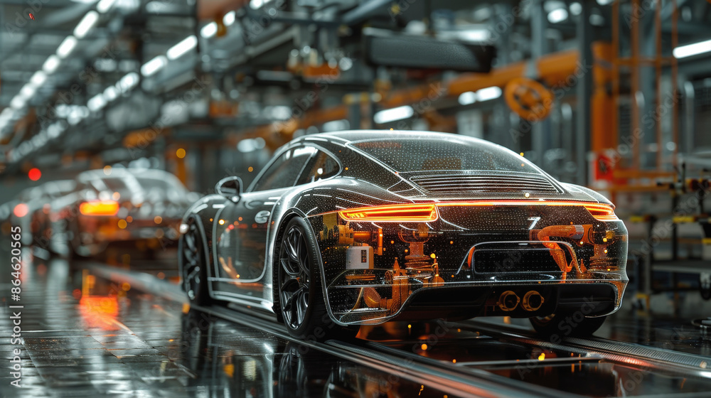 A sleek, modern sports car is on an advanced assembly line in a high-tech automotive manufacturing facility. A sleek, modern sports car is on an advanced assembly line in a high-tech automotive manufacturing facility.