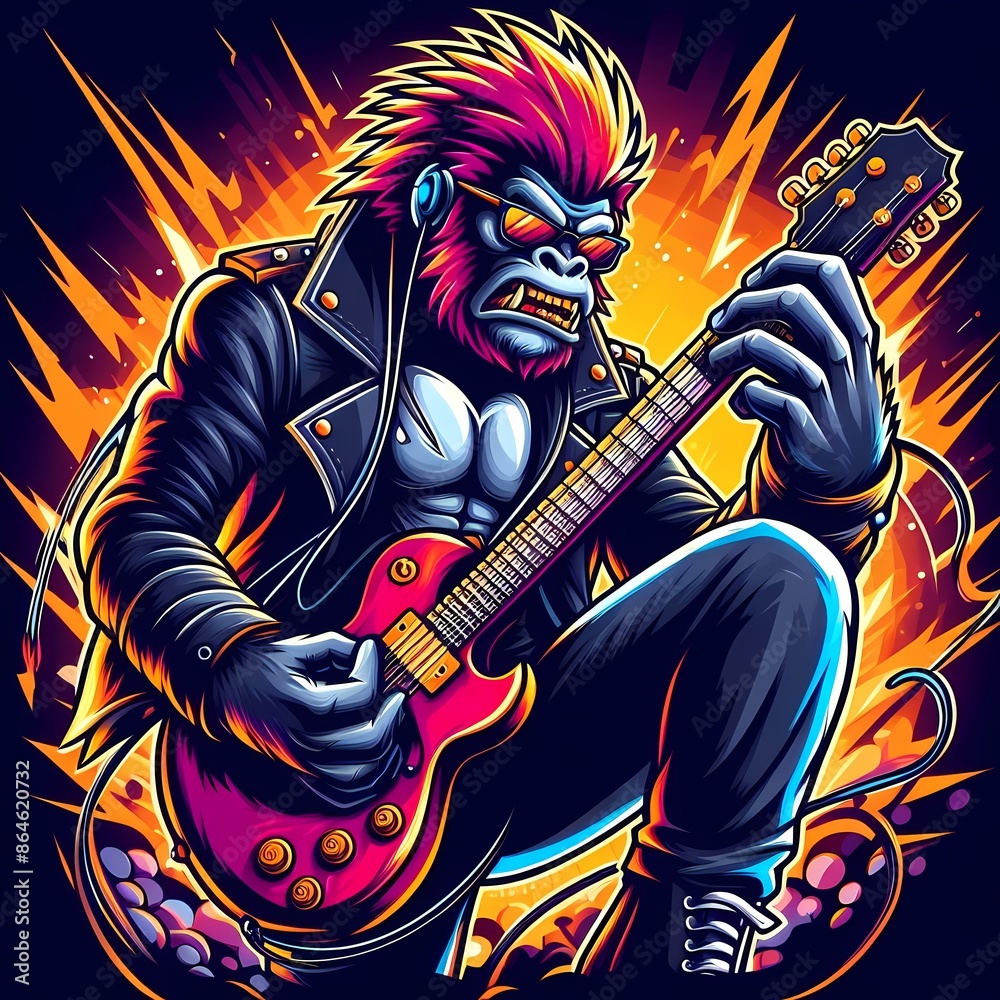 Gorilla Playing Electric Guitar Illustration for T-Shirt Design Gorilla Playing Electric Guitar Illustration for T-Shirt Design