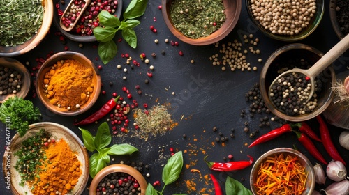 Assorted spices and herbs in bowls on a dark surface photo