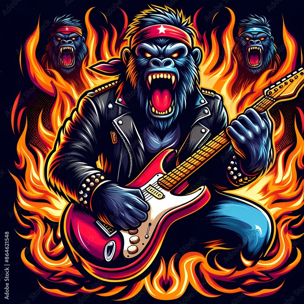 Gorilla Playing Electric Guitar Illustration for T-Shirt Design Gorilla Playing Electric Guitar Illustration for T-Shirt Design
