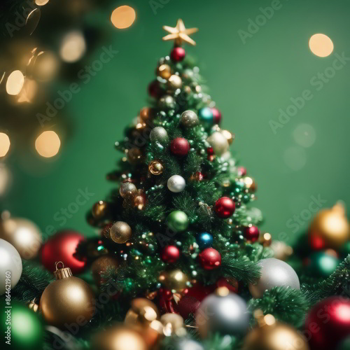 Christmas Tree Decorated With Ornaments on Green Background