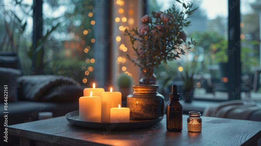 Cozy Evening Indoors with Lit Candles and Floral Decor by the Window in a Relaxed Atmosphere