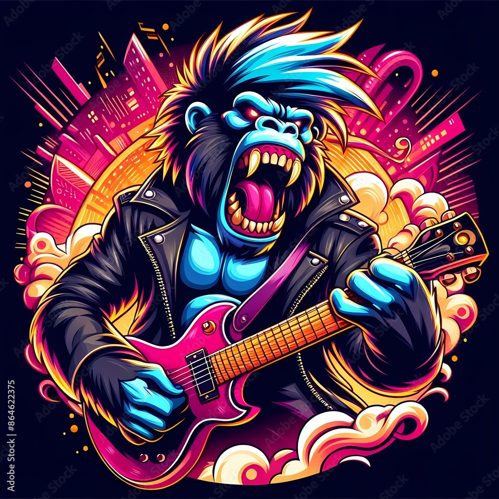 Gorilla Playing Electric Guitar Illustration for T-Shirt Design Gorilla Playing Electric Guitar Illustration for T-Shirt Design