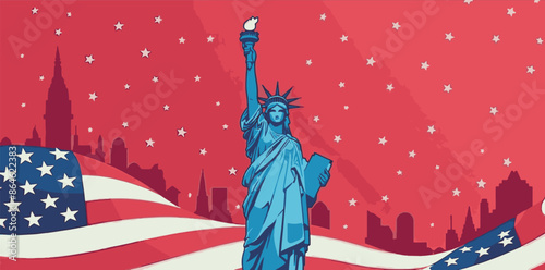 American statue of liberty with a US stars and stripes flag background. 4th July banner