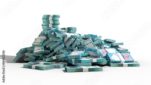 Big pile of Peruvian soles notes, a lot of money over transparent background background. 3d rendering of soles bundles of cash
