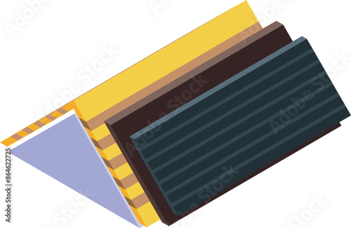 Illustration showing the layers of a modern roof covering, including waterproof membrane, wooden boards and metal tile panels