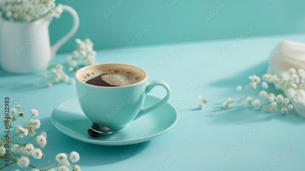 Cup of coffee with flowers on a pastel background Cup of coffee with flowers on a pastel background