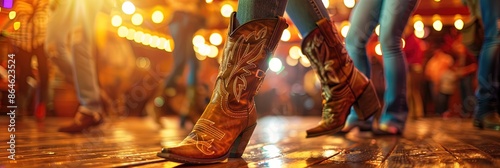 cowgirls boots doing a country line dance in a brightly lit western-themed dance hall