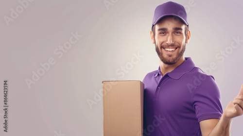 A man in a purple shirt is smiling and holding a cardboard box, delivery service courier