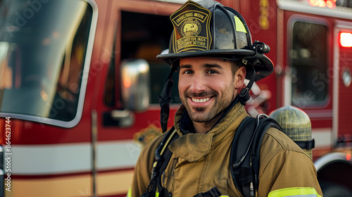 A smiling firefighter in a yellow helmet stands next to a red fire truck, fire service officer © Space Priest