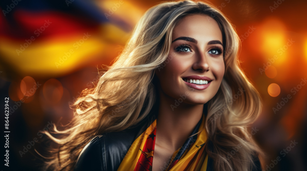 Naklejka premium A woman with blonde hair and a red scarf is smiling, German people in Germany