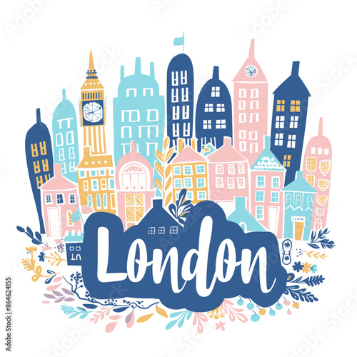 Playful London cityscape illustration with Big Ben, colorful buildings, and floral elements. Perfect for travel, tourism, and artistic designs with a modern and whimsical aesthetic