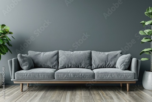 A grey couch sits in front of a wall with a green plant. The couch is the main focus of the image, and it is a comfortable and inviting piece of furniture. The green plant adds a touch of nature photo