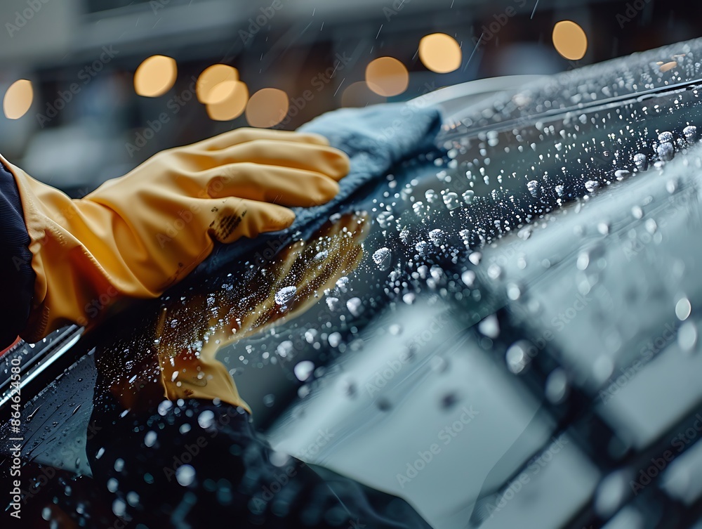 Close-up of Hand Drying Wet Car Window