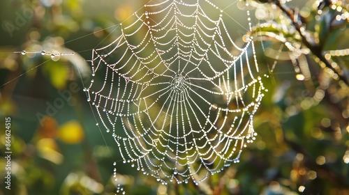 Delicate and detailed cobweb with morning dew glistening in the sunlight.