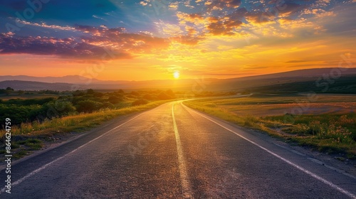 A road extending towards a radiant sunrise cresting over a mountain ridge with early morning birds flying across the sky. The lighting is lively capturing the energy of a new day.