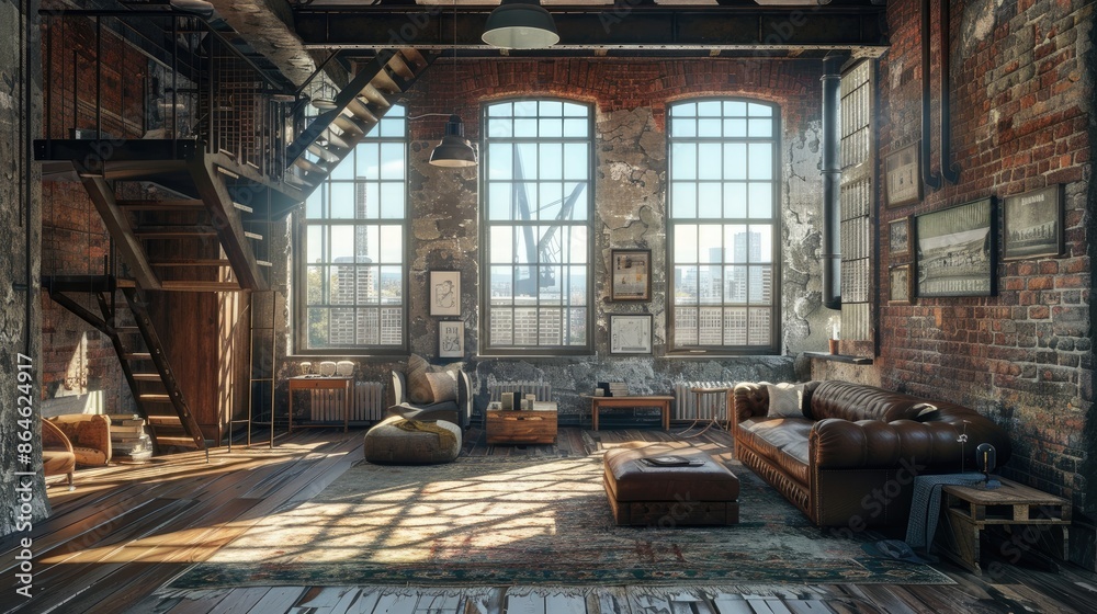 A large living room with a staircase leading up to the second floor. The room is filled with natural light from the large windows, and the furniture is arranged to create a cozy