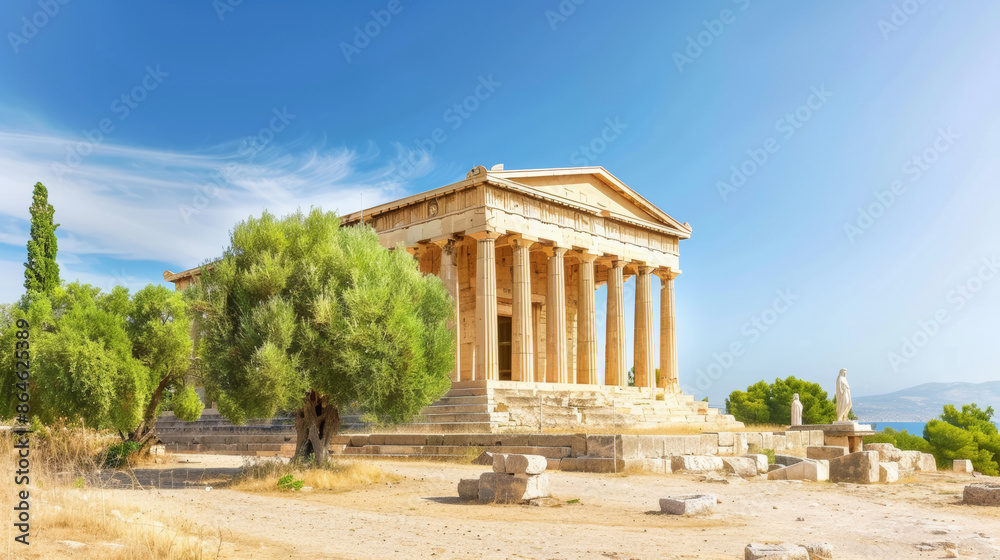 Fototapeta premium A large building with columns and a statue of a man in front of it, antique architecture