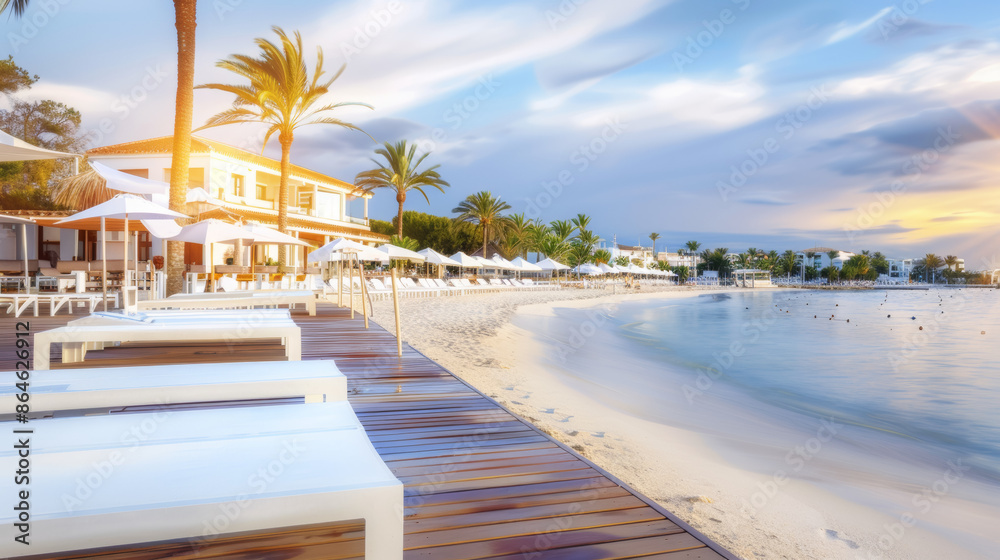 Fototapeta premium A beach with a white house and a lot of umbrellas