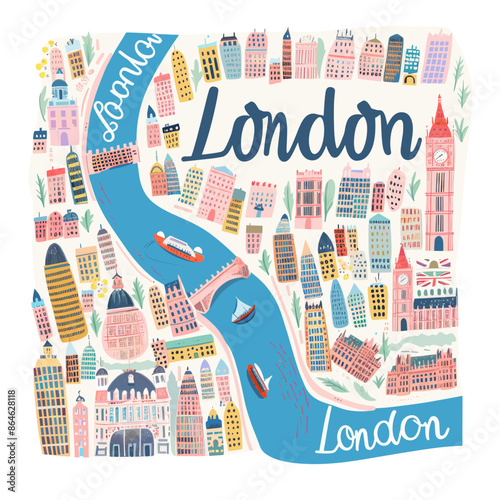 Whimsical London city map illustration featuring the River Thames, Big Ben, and colorful buildings. Ideal for travel, tourism, and artistic designs with a playful and modern aesthetic.