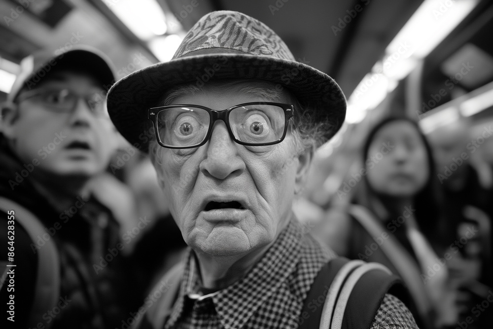 Elderly man with surprised expression in a crowded subway Elderly man with surprised expression in a crowded subway