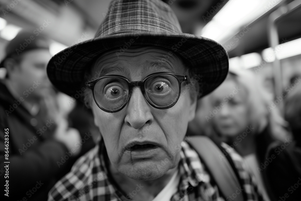 Elderly man with surprised expression in a crowded subway Elderly man with surprised expression in a crowded subway
