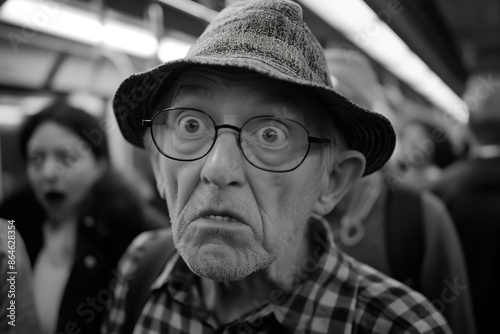 Elderly man with surprised expression in a crowded subway