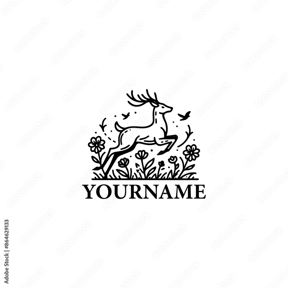 Deer Dancing Walking Running Flowers Grass Handdrawn Drawing logo vector illustration