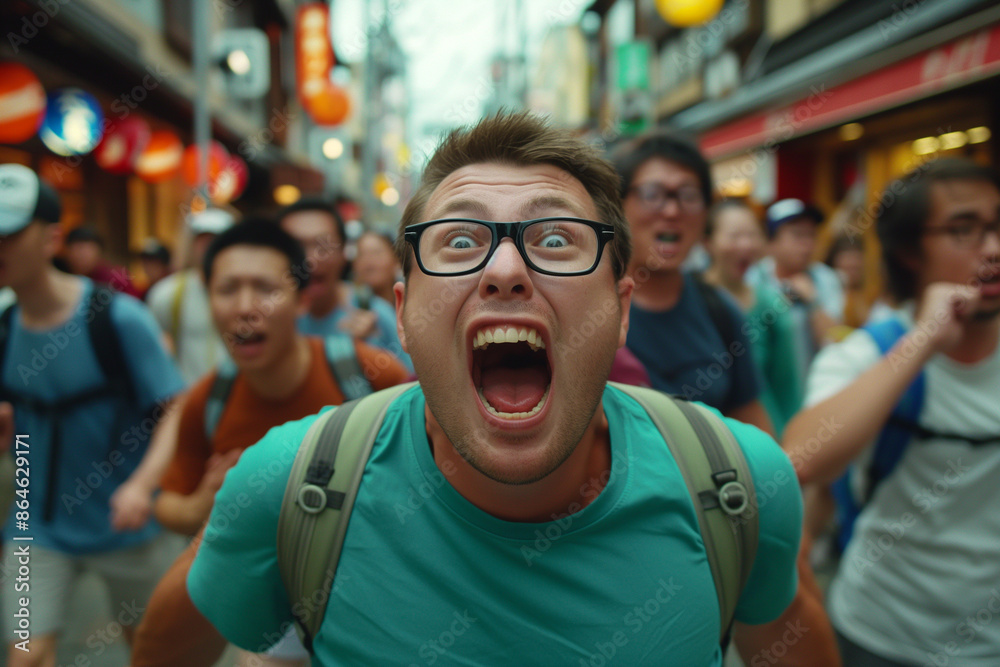 Fototapeta premium Excited man with backpack in a bustling market street