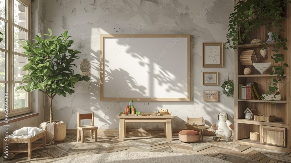 Fototapeta premium A white board is on the wall in a room with a lot of greenery. The room is filled with toys and books, and there is a dog in the room. The room has a cozy and welcoming atmosphere