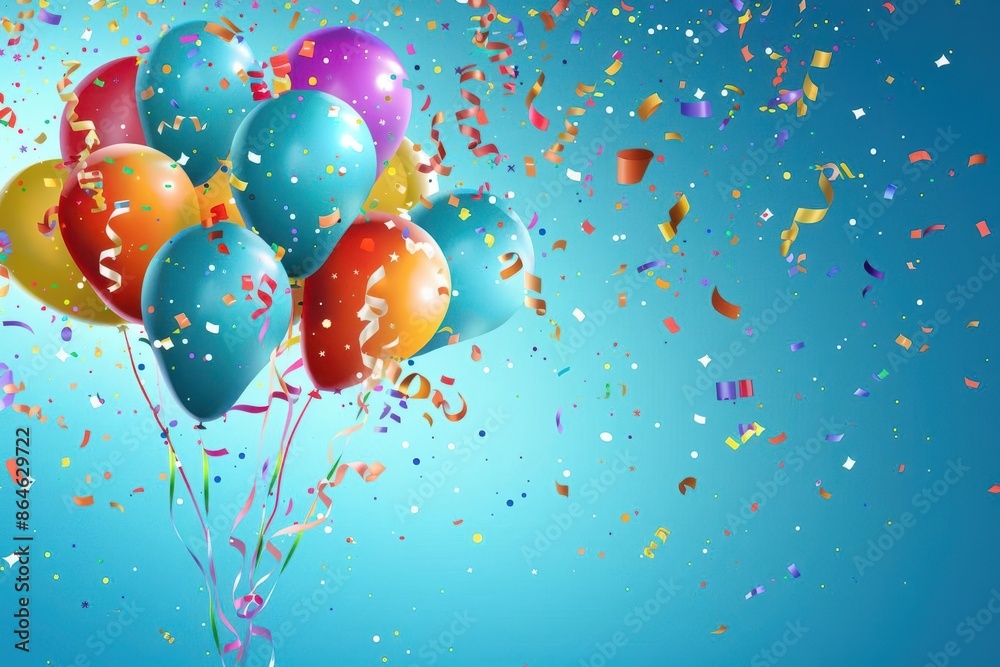 colorful flying balloons and confetti on festive blue background party celebration illustration colorful flying balloons and confetti on festive blue background party celebration illustration