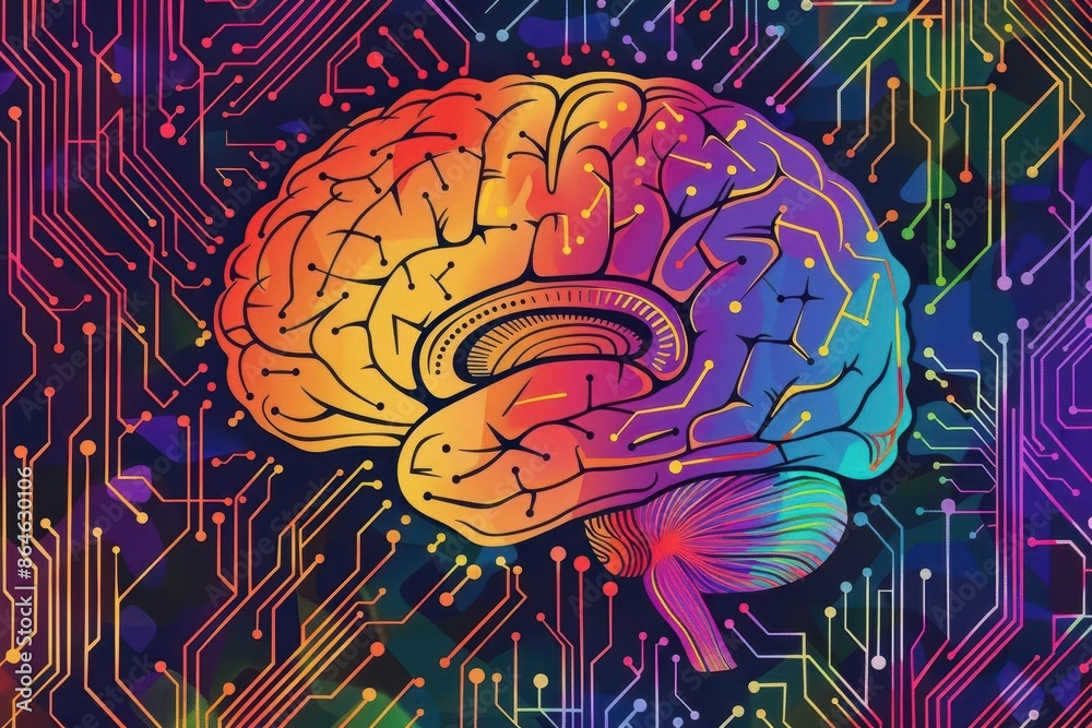 colorful human brain with circuit board pattern artificial intelligence and machine learning concept digital illustration colorful human brain with circuit board pattern artificial intelligence and machine learning concept digital illustration