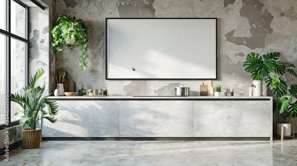 A clean, modern bathroom with a large mirror and potted plants. The mirror is framed in black and white, and the plants are placed on the windowsill A clean, modern bathroom with a large mirror and potted plants. The mirror is framed in black and white, and the plants are placed on the windowsill
