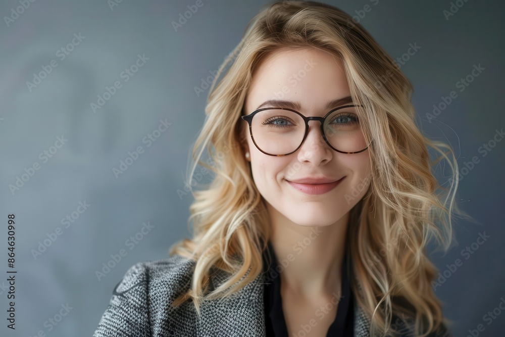 Fototapeta premium confident smiling blonde businesswoman wearing glasses closeup portrait studio photo